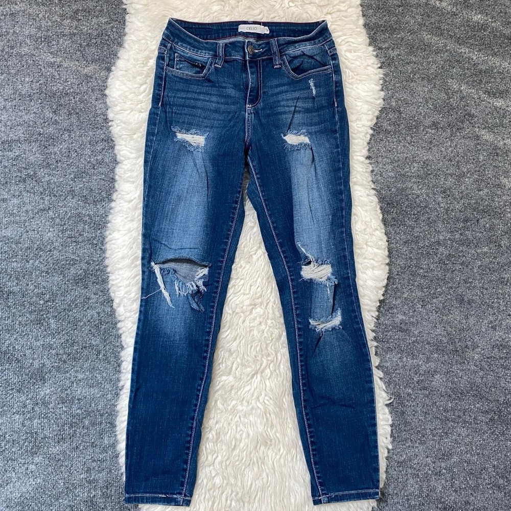 CELLO DENIM BLUE SKINNY JEANS DISTRESSED Y2K GRUNGE ALT SCENE EDGY CASUAL